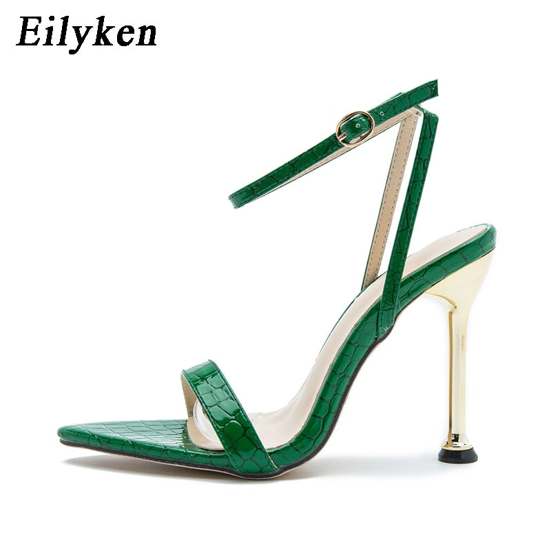 Christmas Gift Eilyken 2021 New Ankle Strap Green Women's High Heels 11CM Sandals Pointed Toe Female Party Shoes Sandalias de mujer