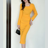Kukombo Women's Spring Autumn Elegant Party Midi Dress Slim Waist Solid Office Lady Vestidos Sexy Split Long Sleeve Bodycon Clothing