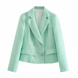 Kukombo Stylish Chic Green Shorts Suit Women Fashion Double Breasted Pockets Short Long Texture Blazers Buttons Shorts Suits