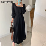 Kukombo Chic Square Collar Summer Dresses for Women Belted Midi Pleated Vestidos Elegant Lantern Sleeve Female Party Dress 2022