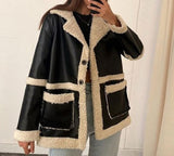 Kukombo Fur Leather Coat Oversized Black Autumn Thick Warm Casual Loose Long Sleeve Plus Size Fuax Fur Winter Jacket