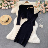 Kukombo Women Elegant Slim Two Piece Sets Female Sweater Dress Autumn Winter High Waist Knitted Ensemble Femme Medium Long Party Dresses