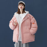 Christmas Gift Korean Patchwork Hooded Short Women Parkas Coat Winter Thick Warm Long Sleeve Zipper Female Coats  Loose Ladies Outwear