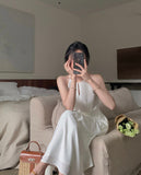 Elegant Lady White Strapless Dress Women Vestidos French Style Vintage Solid Halter Strap Dress Femme Robe