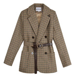Kukombo Christmas Gift Vintage Houndstooth Winter Thick Women Jacket Blazer Sashes Plaid Female Suit Jacket with belt Long Sleeve blaser