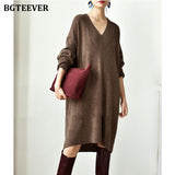 Christmas Gift BGTEEVER Chic Stylish Oversized V-neck Sweater Midi Dress Long Sleeve Thick Warm Autumn Winter Loose Female Knitted Dress 2021