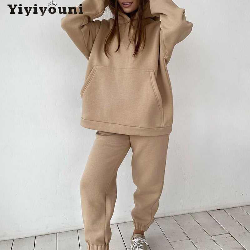 Christmas Gift Yiyiyouni Thickened Fleece Hooded Sweatshirt and Pants Two Pieces Set Women Autumn Winter Casual Solid Sweatpants Female Outfits