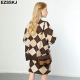 Christmas Gift Houndstooth 2 Pieces Set Women Knitted plaid Sweater cardigans  + mini skirt rhombus Sweater Set CHIC Knitted Oversize suit