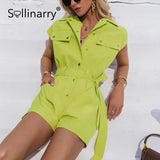 Christmas Gift Pure color sleeveless pockets belt romper Single-breasted cool jumpsuit romper High street overall fashion romper new