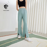 Christmas Gift FANSILANEN Office Lady Knitted Pants Women 2021 New Summer Slit Casual Pants High Waist Mopping Black Blue Pants Dropshipping