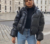 Christmas Gift Streetwear Cropped Faux PU Leather Jacket Women Parkas Turtleneck Bubble Thick Winter Coat Ladies Overcoat Autumn New