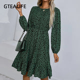 Kukombo Green Women Autumn Winter Dalmatian Print Ruffle Hem Midi Elegant Dress Boho O Neck Long Sleeve Beach Party Dresses