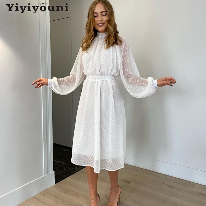 Christmas Gift Yiyiyouni Casual Sashes Dot Print Chiffon Dress Women Loose Waist Long Sleeve A Line Dress Women White Midi Vestidos Summer 2021