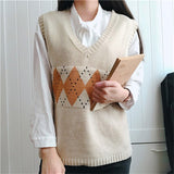 Christmas Gift Women Sweater Vest Autumn 2021 Korean Style Vintage Geometric Argyle V Neck Sleeveless Pullovers Knitted Woman Sweaters