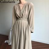Kukombo New 2022 Women Spring Summer Dresses Lace Up Buttons Fashionable V-Neck Vintage Oversized Lady Pure Long Dress DR1150