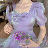 Kukombo Women Summer Puff Sleeve Purple Dress Vintage New Girl Fairy Princess Party Dress Casual Holiday Lady Beach Boho Dress