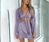 Kukombo Women's Suit with Dress Sets  Solid Color  Asymmetrical Criss-Cross Lace-up Flare Long Sleeve  Summer Sexy Above Knee Mini Dress