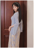 Kukombo High Sense Women Two Piece Set Blue Long Sleeved Chic Slit Gentle Blouse+Sexy Hollow Back Square Collar Print Lace Sling Dress