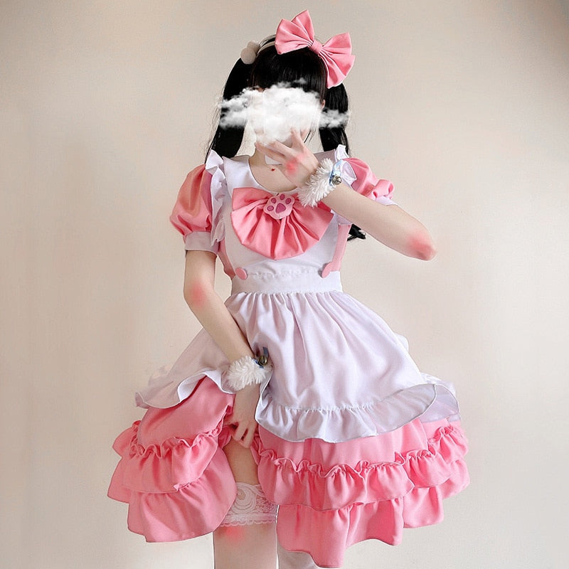 Kukombo Halloween Candy Lolita Sweet Style Cute Cat Cafe Maid Outfit Pink Princess Dresses Flouncing Bow Trim Japanese Harajuku Doll Teen Dress