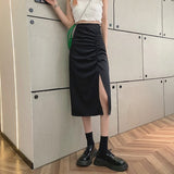 Kukombo Summer Solid Elegant Skirt Women High Waist 2022 Korean Designer Split Casual Skirt Female A-Line Beach Outing Sweet Midi Skirt K90
