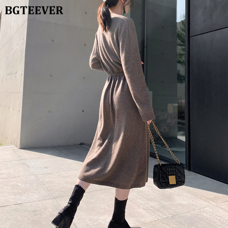 Christmas Gift BGTEEVER Vintage Women Knitted Dress Autumn Winter Brief V-neck Warm Drawstring Lace-up Loose Midi Female Sweater Dress 2021