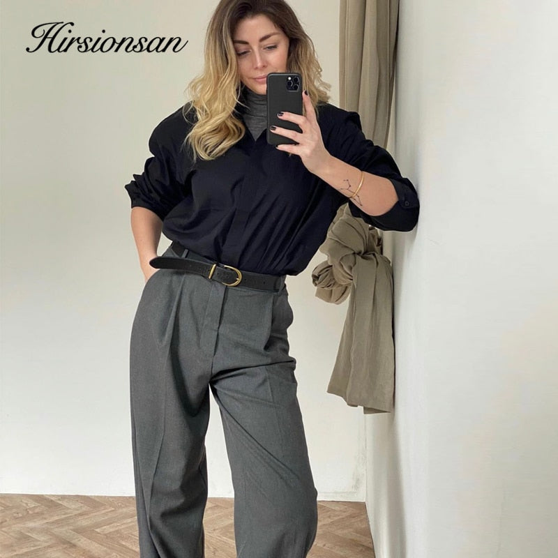 Hirsionsan High Waisted Loose Straight Trousers Women 2021 New Office Lady Cusual Wide Leg Pants Vintage Zipper-Up Female Pants