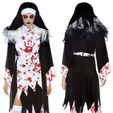 Kukombo Halloween Cosplay Horror Costumes Suit Women Blood Handprint Nun Priest Fear Game Character Cos Black Gloomy Rhomboid Vintage