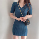 Christmas Gift Korean chic temperament dress shows thin V-neck dresses slim pit bar buttocks small screw thread cool silk knitted dress female