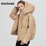 Christmas Gift Women Thick Warm PU Faux Leather Padded Coat 2021 Winter Zipper Hooded Jacket Parka Long Sleeve Pockets Outerwear Tops