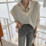 Kukombo 2022 New Winter Spring Women Sweaters Pullover Sleeveless Vest Waistcoat Korean Oversized Checkered Knitwear SWV18191