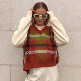 Kukombo Vintage Plaid Knitted Sweater Vest For Women Preppy Style V-Neck Loose Tops Streetwear Fashion Casual Female 90s Vest