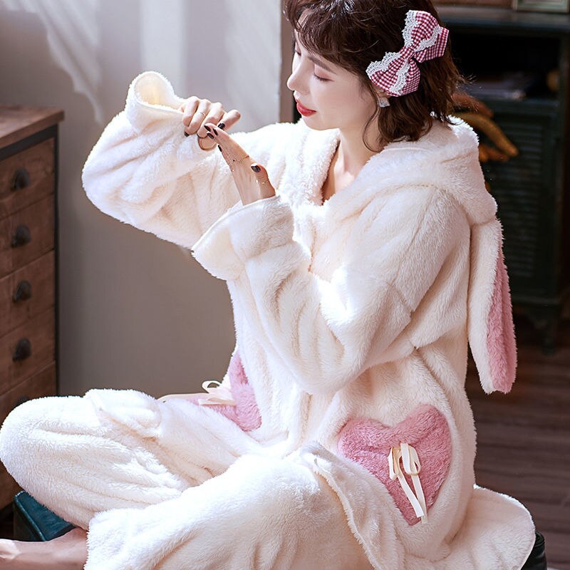 Kukombo Christmas Gift Winter Pajamas Female Facecloth Nightgown Female Thickened Long Paragraph Cute Sweet Korean Version of The Home Furnishing Suit