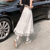 High Waist Lace Stitching Ruffle Tulle Pleated Skirt Summer Vintage White Thin Long Skirt 2023 New Women Korean Black Streetwear