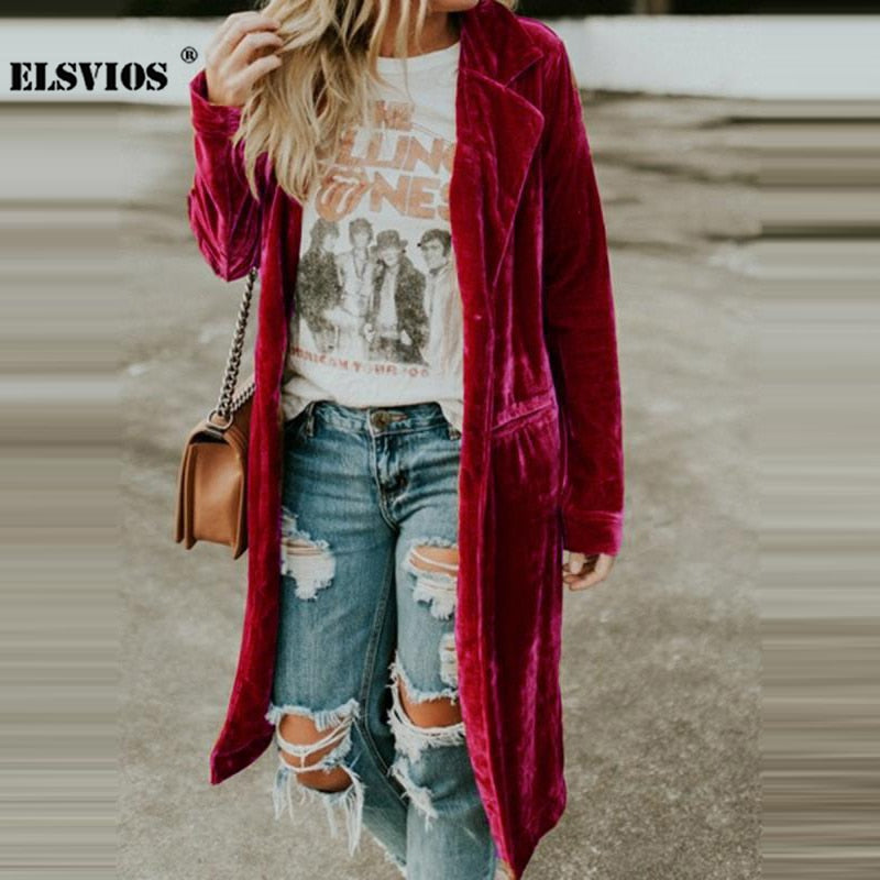 Christmas Gift New Fashion Fall Winter Women Lapel Cardigan Buttons Long Jacket Casual Solid Color Golden Velvet Office Lady Elegant Soft Coats