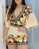 Kukombo Deep V Neck Floral Half Sleeve Romper Women Playsuits Summer Casual One Piece Overalls