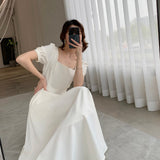 Kukombo Women Summer A-Line Maxi Dresses Korean Fashion Short Sleeve Casual Robe Square Collar Beach Midi Vestido