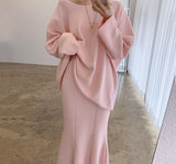 Kukombo Korean Chic Autumn Long Sleeve Loose Sweatshirt High Waist Trumpet Skirt Solid Color Sweet Pink Women Two Piece Set