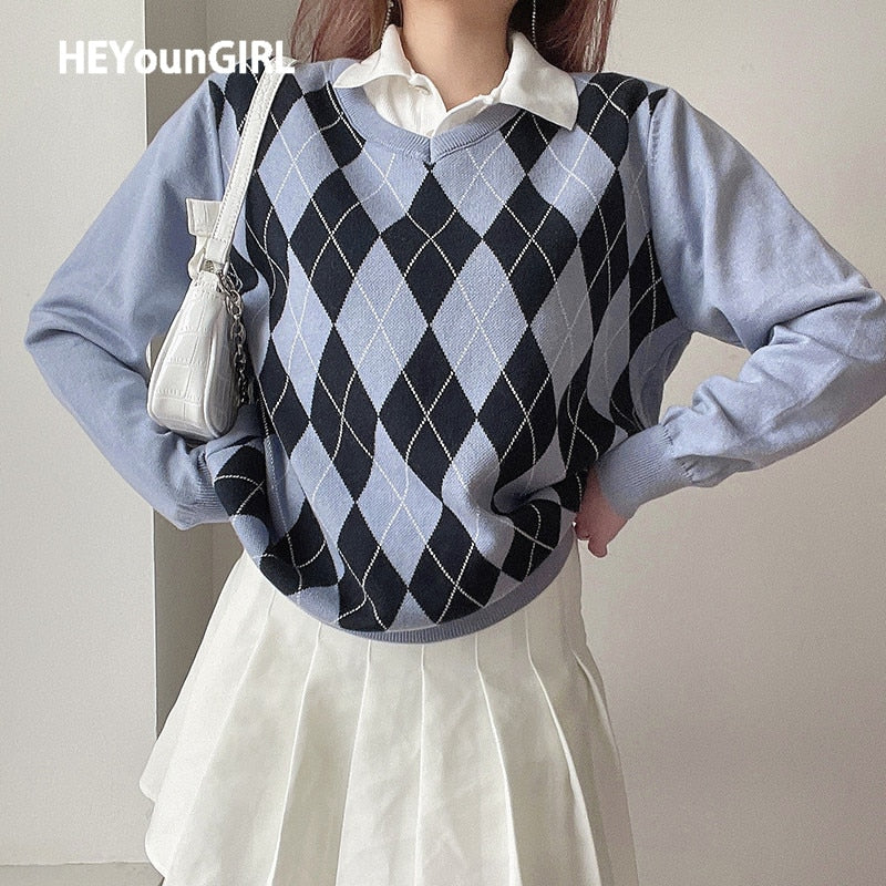 Christmas Gift Casual Loose Autumn Winter Knitted Sweater Women Argyle Long Sleeve Jumper Ladies Preppy Style Pullover Knitwear