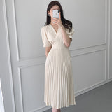 Kukombo High Quality New Women Summer Clothes Elegant V-Neck Slim Office Lady Casual A-Line Bandge Pleated Dress Vestidos