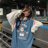 Kukombo Kawaii Bear Oversized Hoodies Women Causal Two Fake Fake Two Piece Sweatshirt Hooded Autumn Tops 2021 Korean Kpop Clothes