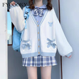 Kukombo Autumn Sweet Bow Cardigans Women Korean Loose Colorblock Sweater Jacket Kawaii Print Knitted Cardigan 2022 New