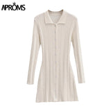 Christmas Gift Aproms Elegant Green Thick Ribbed Knitted Shirt Dress Women 2021 Winter Buttons Long Sleeve Stretch Bodycon Short Mini Dresses
