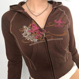 Kukombo Y2K Graphic Print Brown Zip Up Hoodie Women Casual Slim Vintage Short Hooded Sweatshirts Harajuku Jacket Autumn Coat   K18