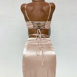 Kukombo Sexy Women's Two Piece Set Beach Style Bandage Tank Crop Top Split Backless Drawstring Mid-Calf Skirt Suit Summer