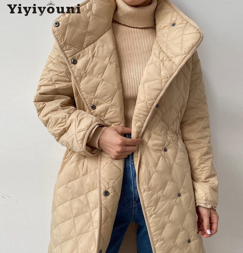 Christmas Gift Yiyiyouni Argyle Cotton-Padded Long Coat Oversized Parkas Women Wide-waisted Winter Down Jackets Female Black Thick Windbreakers