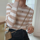 Kukombo New 2022 Spring Autumn Women's Sweaters Pullover Slim Bottoming Knitted Striped Vintage Korean Lady Wild Tops SW6690