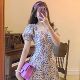 Kukombo Midi Dress Women Elegant A-Line Korean Vintage Purple Chiffon Summer Woman 2022 Dresses Party Square Collar Boho Vestidos