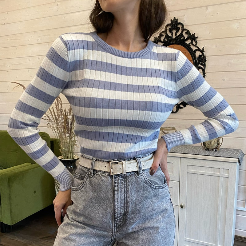 Christmas Gift New 2021 Spring Autumn Women's Sweaters Pullover Slim Bottoming Knitted Striped Vintage Korean Lady Wild Tops SW6690