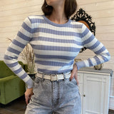 Kukombo New 2022 Spring Autumn Women's Sweaters Pullover Slim Bottoming Knitted Striped Vintage Korean Lady Wild Tops SW6690