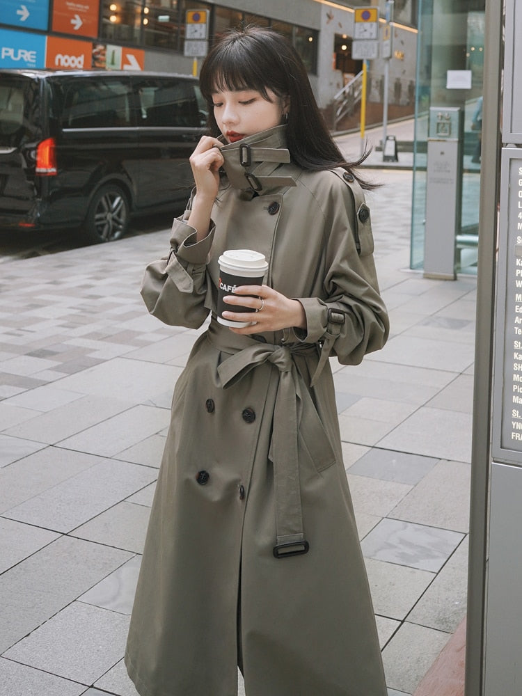 Christmas Gift Brand New Spring Autumn Women Trench Coat Long Double-Breasted with Belts Flaps England Style Duster Coat Cloak Female Outerwear